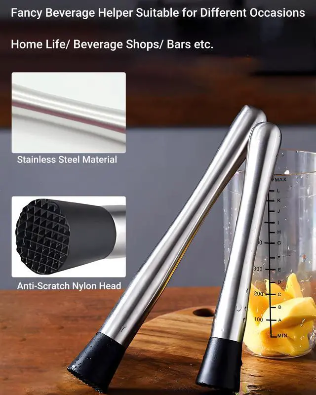 Alt view image 3 of 7 - Stainless Steel Cocktail Muddler & Mixing Spoon Set 10 Inch Bar Tool Kit for Home Bartenders, Ideal for Mojitos, Margaritas, Mint & Fruit Cocktails, Silver