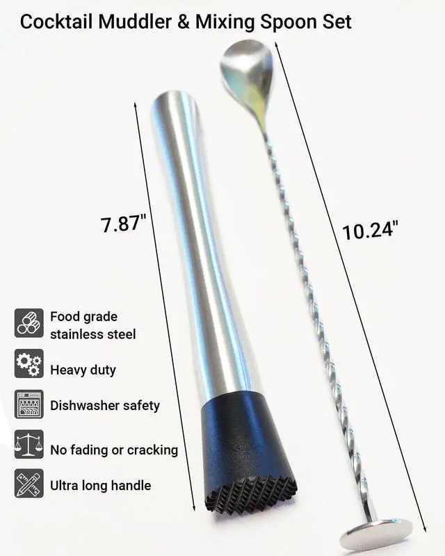 Alt view image 4 of 7 - Stainless Steel Cocktail Muddler & Mixing Spoon Set 10 Inch Bar Tool Kit for Home Bartenders, Ideal for Mojitos, Margaritas, Mint & Fruit Cocktails, Silver