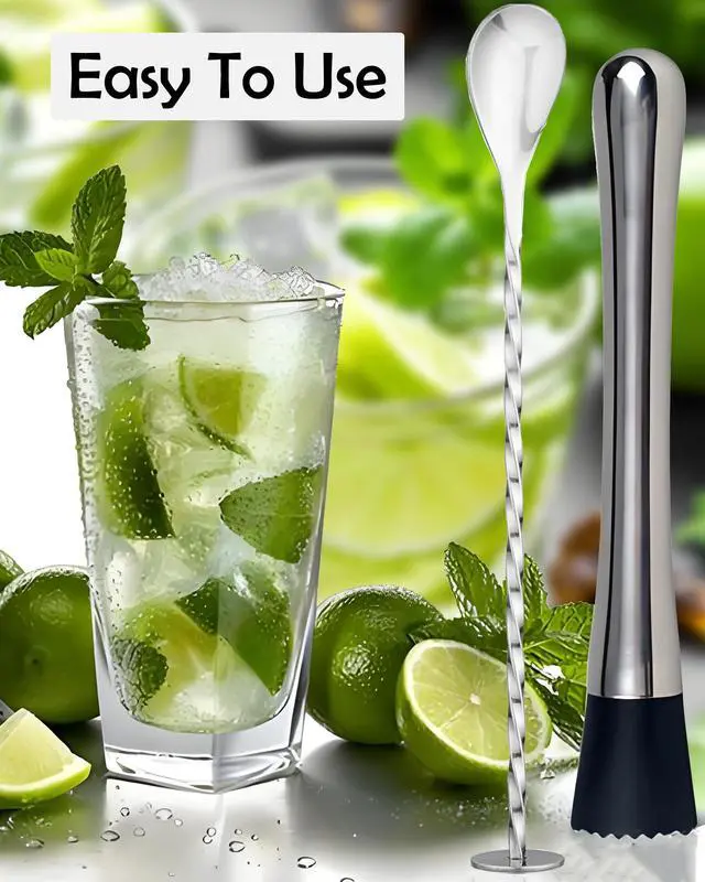 Alt view image 7 of 7 - Stainless Steel Cocktail Muddler & Mixing Spoon Set 10 Inch Bar Tool Kit for Home Bartenders, Ideal for Mojitos, Margaritas, Mint & Fruit Cocktails, Silver