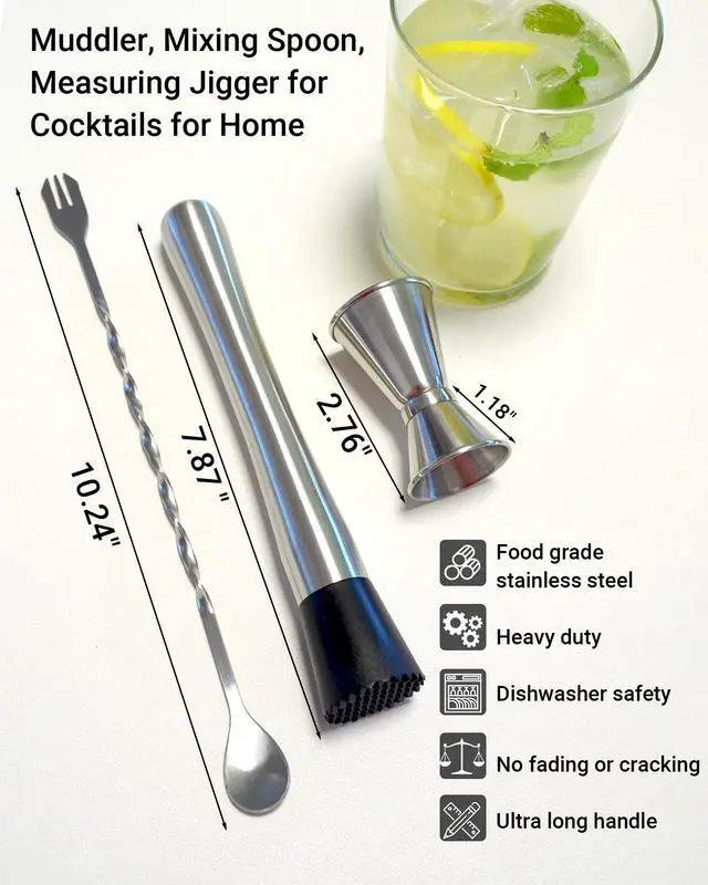 Alt view image 5 of 7 - Professional Bar Tools Set, 8-inch Stainless Steel Muddler, 10-inch Mixing Spoon, Measuring Jigger for Cocktails, Home Bartenders, Mojitos, Margaritas and Fruit-Based Drinks
