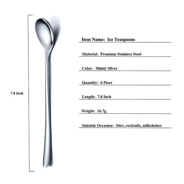 Alt view image 2 of 7 - Premium Stainless Steel Coffee Stirrer Set, Long Handle, Ice Tea & Cream Spoons, Cocktail Stirrer - Set of 6 (Silver)
