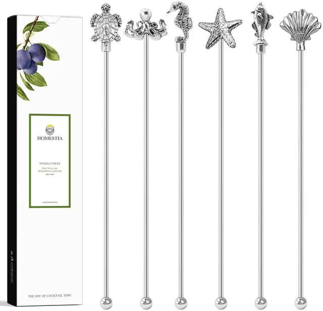 Main image of 7.5" Stainless Steel Cocktail Stirrers with Cute Animal Design, Set of 6 Reusable Swizzle Sticks for Coffee, Martini, Drinks - Dishwasher Safe Metal Bar Tools Stir Sticks