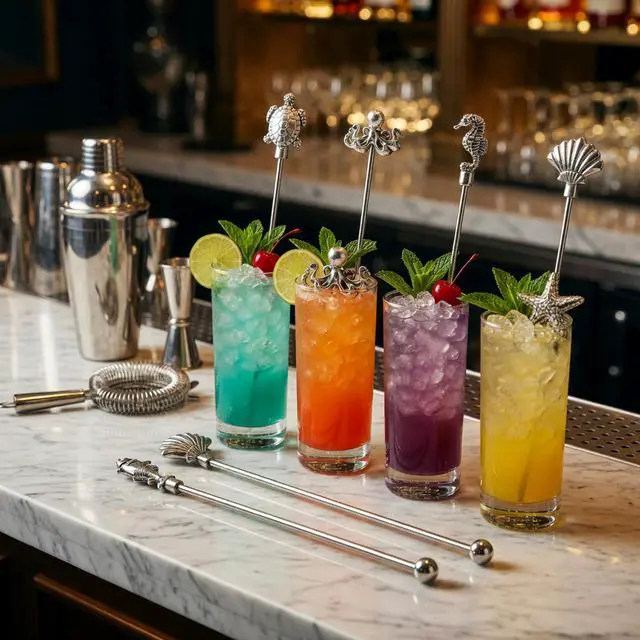Alt view image 2 of 7 - 7.5" Stainless Steel Cocktail Stirrers with Cute Animal Design, Set of 6 Reusable Swizzle Sticks for Coffee, Martini, Drinks - Dishwasher Safe Metal Bar Tools Stir Sticks
