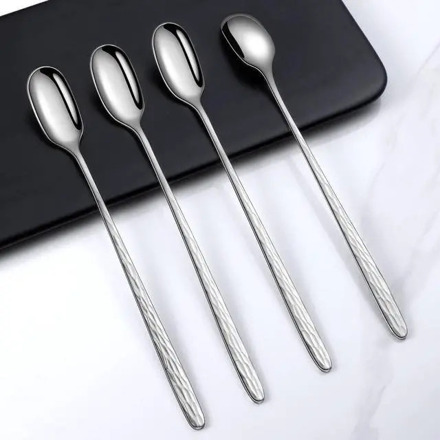 Alt view image 6 of 7 - 9.1 Inch Hammered Textured Long Handle Iced Tea Spoons Set of 4