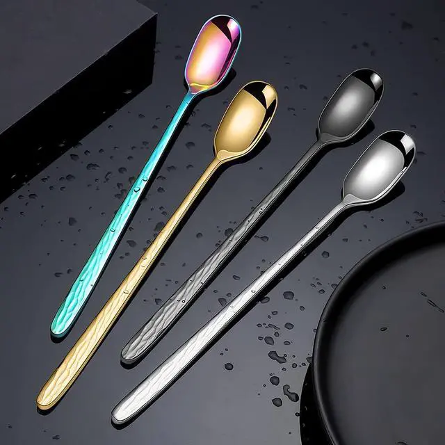 Alt view image 7 of 7 - 9.1 Inch Hammered Textured Long Handle Iced Tea Spoons Set of 4