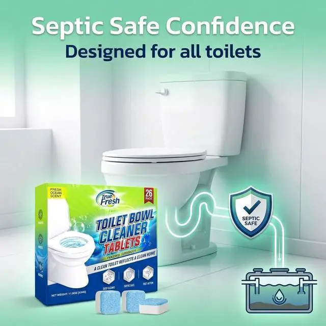 Alt view image 5 of 7 - Toilet Bowl Cleaner Tablets 26 Pack Deodorizer & Septic Safe Deep Cleaning, Odor Eliminator, Stain Remover for Long-Lasting Freshness Fresh Ocean Scent