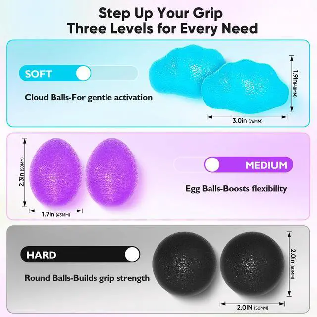 Alt view image 2 of 7 - Stress Balls for Adults, Hand Exercise Balls 6 Pack, Stress Relief & Grip Strength Trainer, Squishy Balls & Squeeze Balls for Arthritis, Carpal Tunnel, Hand Therapy with 3 Resistance Levels