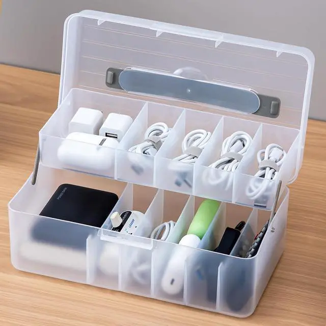 Alt view image 2 of 7 - 2-Layer Cable Organizer Box with 20 Cable Ties, Portable Cord, Charger and Bandages Storage for Drawer, Desk, Office & Home (White)
