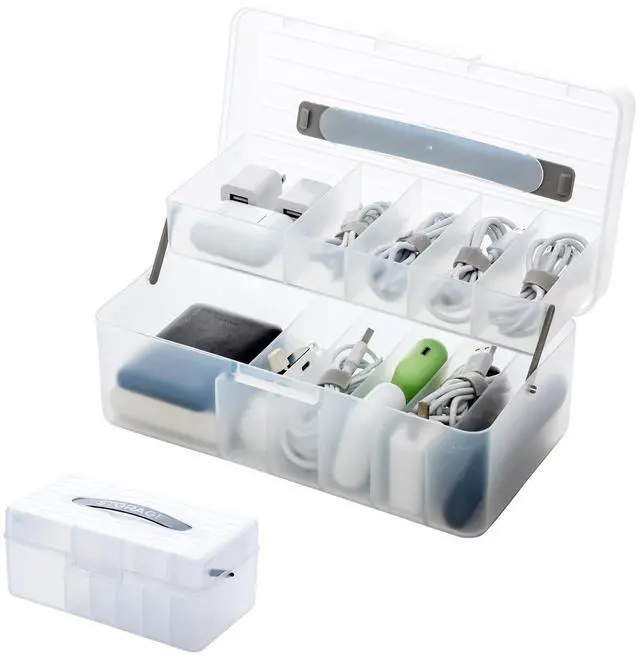 Main image of 2-Layer Cable Organizer Box with 20 Cable Ties, Portable Cord, Charger and Bandages Storage for Drawer, Desk, Office & Home (White)