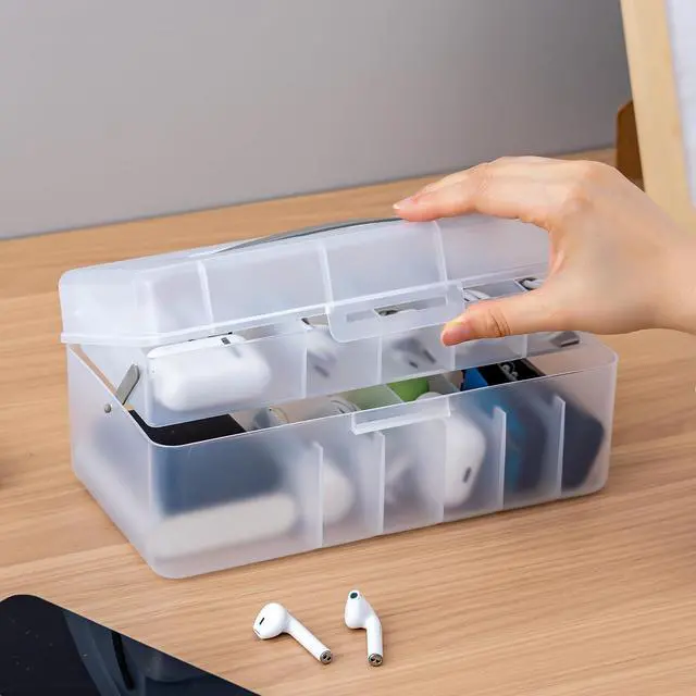 Alt view image 7 of 7 - 2-Layer Cable Organizer Box with 20 Cable Ties, Portable Cord, Charger and Bandages Storage for Drawer, Desk, Office & Home (White)