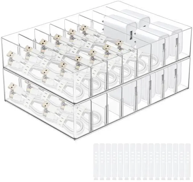 Main image of 2Pcs Cable Charger Organizer Box with 16Pcs Wire Ties Large Plastic Cords Storage Organizer with Adjustable Compartments Electronics Organizer Stackable Cord Storage Box for Drawer Home Office, Clear