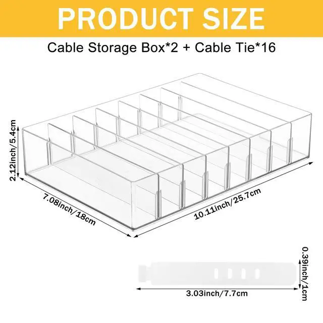 Alt view image 2 of 7 - 2Pcs Cable Charger Organizer Box with 16Pcs Wire Ties Large Plastic Cords Storage Organizer with Adjustable Compartments Electronics Organizer Stackable Cord Storage Box for Drawer Home Office, Clear