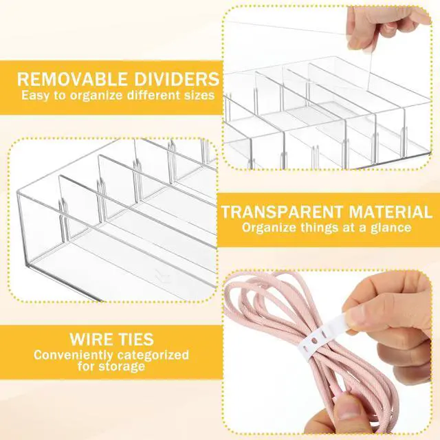 Alt view image 3 of 7 - 2Pcs Cable Charger Organizer Box with 16Pcs Wire Ties Large Plastic Cords Storage Organizer with Adjustable Compartments Electronics Organizer Stackable Cord Storage Box for Drawer Home Office, Clear