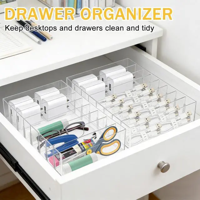 Alt view image 5 of 7 - 2Pcs Cable Charger Organizer Box with 16Pcs Wire Ties Large Plastic Cords Storage Organizer with Adjustable Compartments Electronics Organizer Stackable Cord Storage Box for Drawer Home Office, Clear