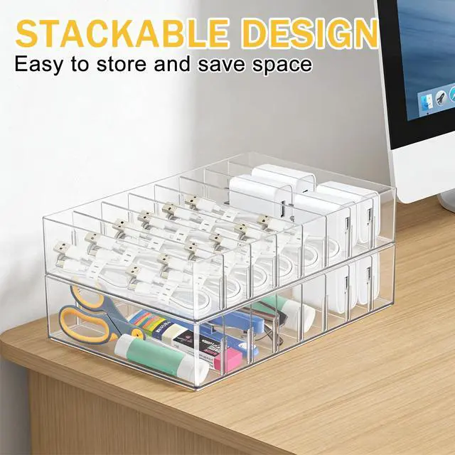 Alt view image 4 of 7 - 2Pcs Cable Charger Organizer Box with 16Pcs Wire Ties Large Plastic Cords Storage Organizer with Adjustable Compartments Electronics Organizer Stackable Cord Storage Box for Drawer Home Office, Clear