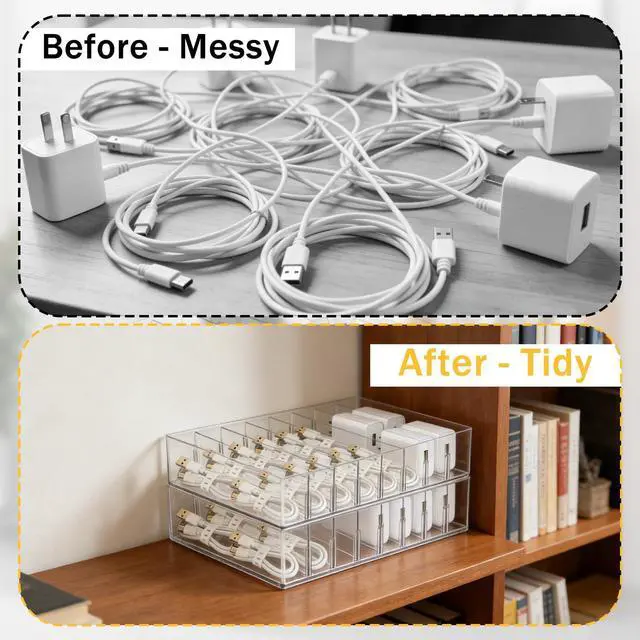 Alt view image 6 of 7 - 2Pcs Cable Charger Organizer Box with 16Pcs Wire Ties Large Plastic Cords Storage Organizer with Adjustable Compartments Electronics Organizer Stackable Cord Storage Box for Drawer Home Office, Clear