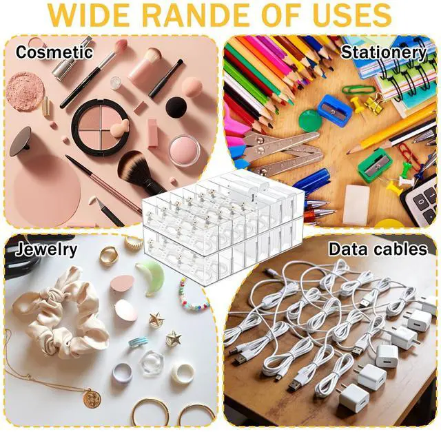 Alt view image 7 of 7 - 2Pcs Cable Charger Organizer Box with 16Pcs Wire Ties Large Plastic Cords Storage Organizer with Adjustable Compartments Electronics Organizer Stackable Cord Storage Box for Drawer Home Office, Clear