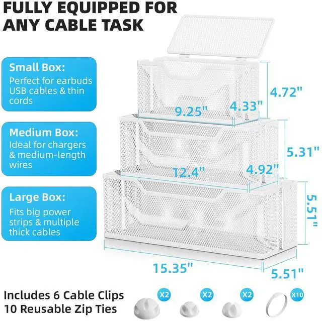 Alt view image 3 of 7 - 3 Pack Cable Management Box, Metal Mesh Cord Organizer Box for TV Wires, Electrical Hiding, Power Strip Under Desk Cable Storage Box with Cable Clips&Reusable Cable Ties for HomeOffice - White