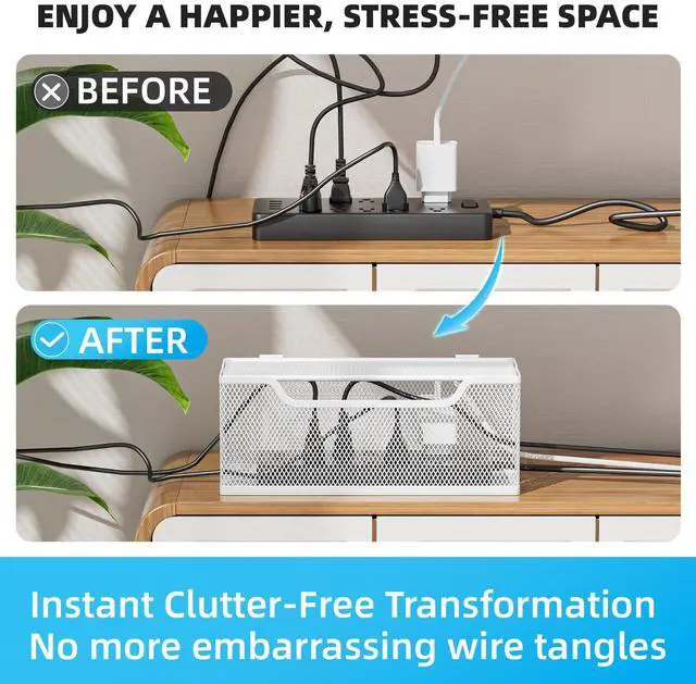 Alt view image 2 of 7 - 3 Pack Cable Management Box, Metal Mesh Cord Organizer Box for TV Wires, Electrical Hiding, Power Strip Under Desk Cable Storage Box with Cable Clips&Reusable Cable Ties for HomeOffice - White