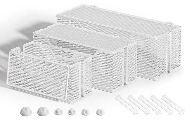 Main image of 3 Pack Cable Management Box, Metal Mesh Cord Organizer Box for TV Wires, Electrical Hiding, Power Strip Under Desk Cable Storage Box with Cable Clips&Reusable Cable Ties for HomeOffice - White