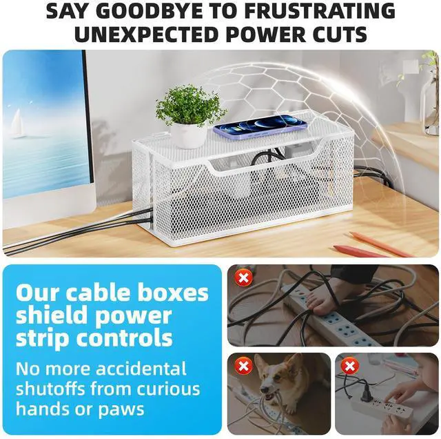 Alt view image 4 of 7 - 3 Pack Cable Management Box, Metal Mesh Cord Organizer Box for TV Wires, Electrical Hiding, Power Strip Under Desk Cable Storage Box with Cable Clips&Reusable Cable Ties for HomeOffice - White