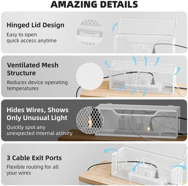 Alt view image 6 of 7 - 3 Pack Cable Management Box, Metal Mesh Cord Organizer Box for TV Wires, Electrical Hiding, Power Strip Under Desk Cable Storage Box with Cable Clips&Reusable Cable Ties for HomeOffice - White