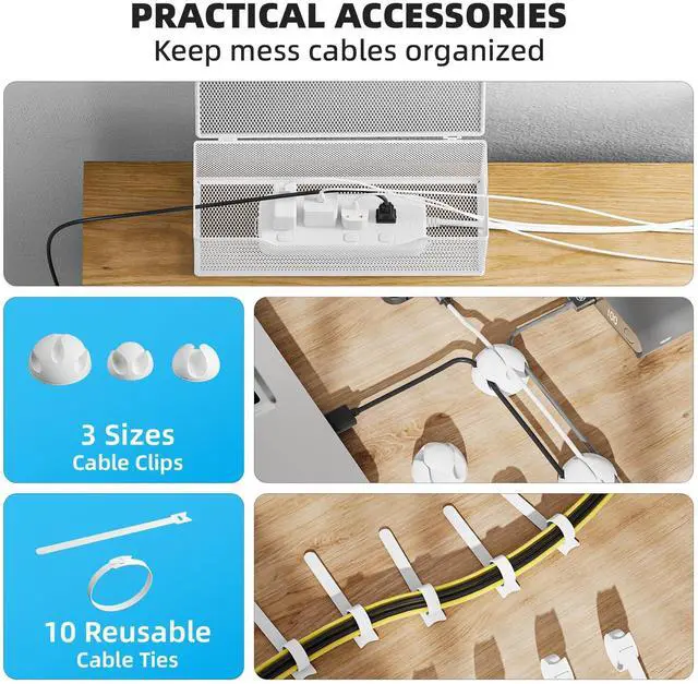 Alt view image 7 of 7 - 3 Pack Cable Management Box, Metal Mesh Cord Organizer Box for TV Wires, Electrical Hiding, Power Strip Under Desk Cable Storage Box with Cable Clips&Reusable Cable Ties for HomeOffice - White