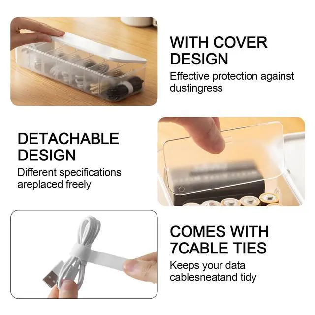Alt view image 4 of 6 - Cable Organizer Box with 7 Wire Ties and 6 Magnetic Cable Clips, Desktop Cord Management Box with Dividers and Lid for Home Office Storage White