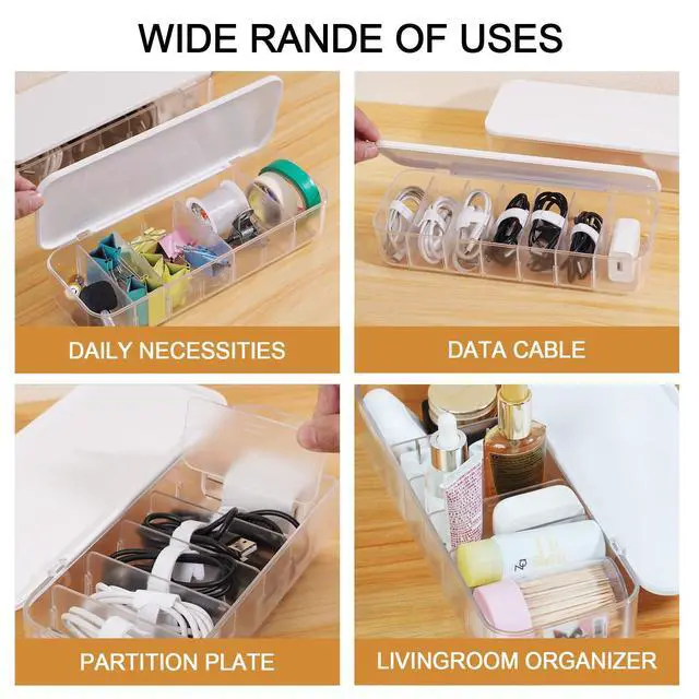 Alt view image 5 of 6 - Cable Organizer Box with 7 Wire Ties and 6 Magnetic Cable Clips, Desktop Cord Management Box with Dividers and Lid for Home Office Storage White