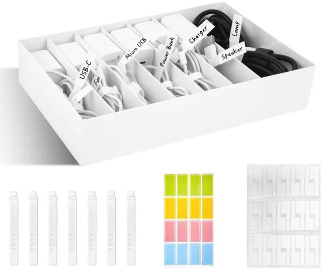 Main image of Cable Organizer Box with Wire Ties and Labels, Charger Cable Cord Storage Organizer with Adjustable Compartments, Desk Accessories Storage for Home, Office, Stackable1Pcs