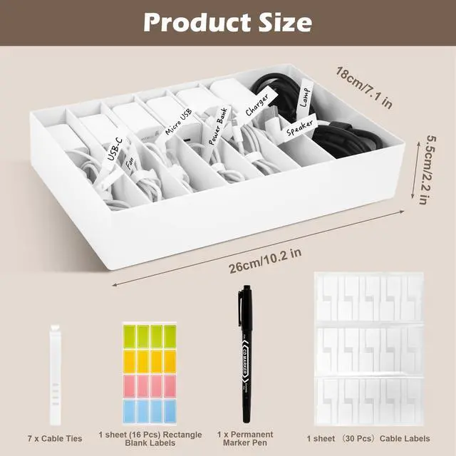 Alt view image 2 of 7 - Cable Organizer Box with Wire Ties and Labels, Charger Cable Cord Storage Organizer with Adjustable Compartments, Desk Accessories Storage for Home, Office, Stackable1Pcs
