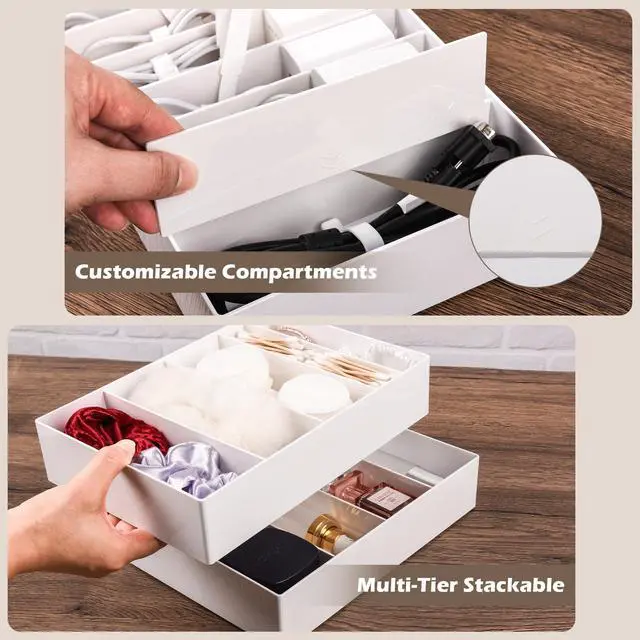 Alt view image 3 of 7 - Cable Organizer Box with Wire Ties and Labels, Charger Cable Cord Storage Organizer with Adjustable Compartments, Desk Accessories Storage for Home, Office, Stackable1Pcs
