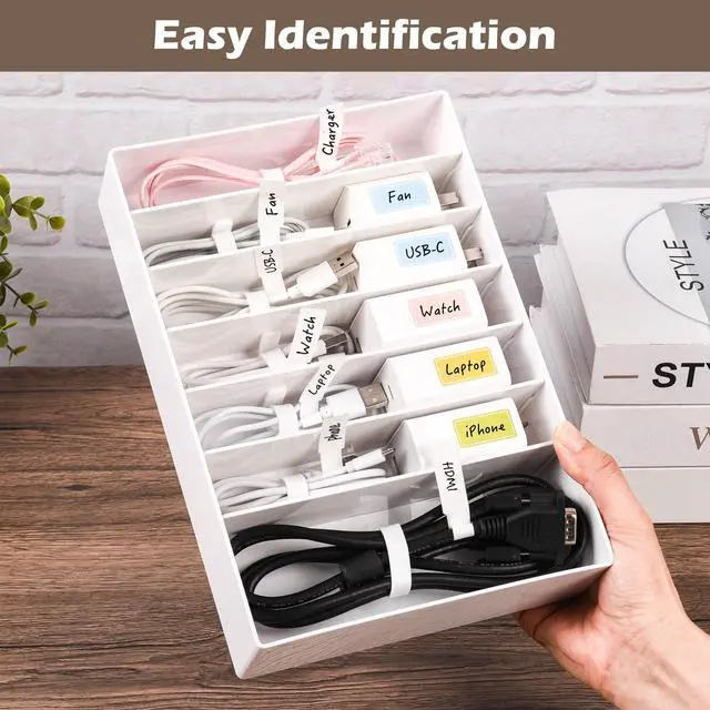 Alt view image 4 of 7 - Cable Organizer Box with Wire Ties and Labels, Charger Cable Cord Storage Organizer with Adjustable Compartments, Desk Accessories Storage for Home, Office, Stackable1Pcs