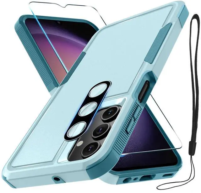 Main image of Case for Samsung Galaxy A15 5G, Full Body Heavy Duty Rugged Shockproof Protective Phone Cover with Lanyard Strap, Tempered Glass Screen Protector and Camera Lens Cover, Mint Green