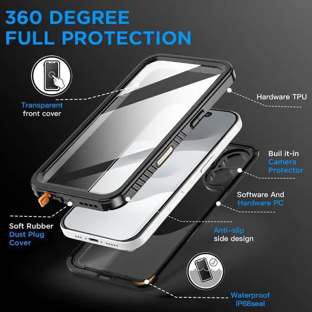 Alt view image 5 of 7 - Compatible with iPhone 17 Case Waterproof, Clear Water Proof Built-in Screen Protector Shockproof Dustproof Snowproof Full Body Rugged Underwater Phone Case with Lanyard
