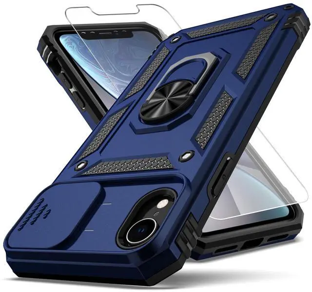 Main image of for iPhone XR Case, Built in Slide Camera Lens Cover+Finger Ring Holder Kickstand+Screen Protector, Heavy Duty Shockproof Full Body Protective Phone Case, Blue