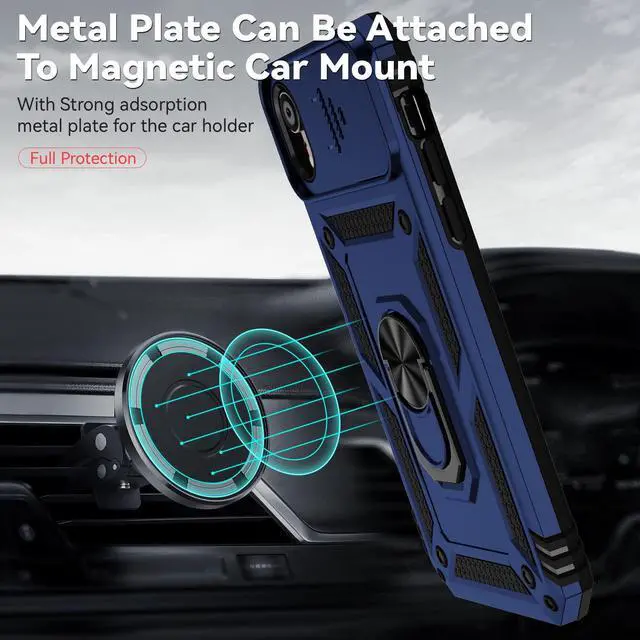 Alt view image 3 of 6 - for iPhone XR Case, Built in Slide Camera Lens Cover+Finger Ring Holder Kickstand+Screen Protector, Heavy Duty Shockproof Full Body Protective Phone Case, Blue