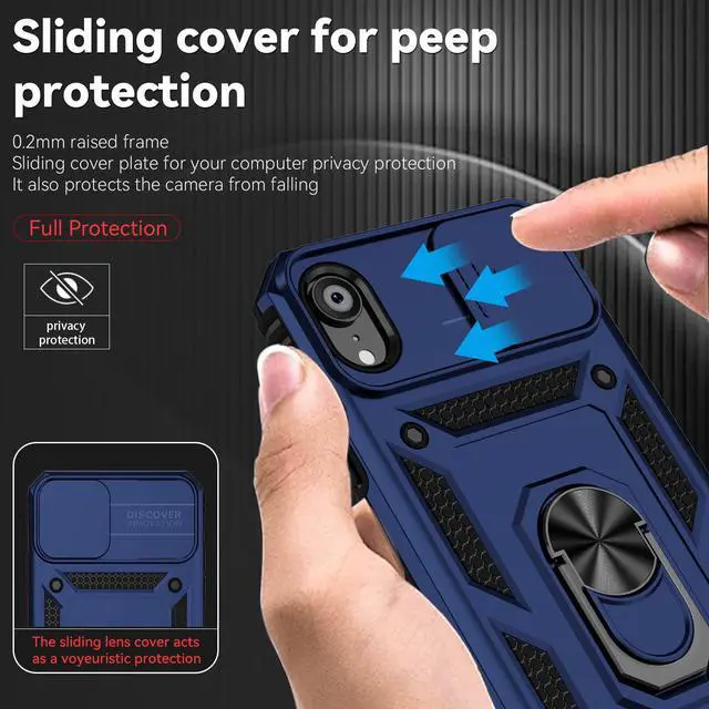 Alt view image 4 of 6 - for iPhone XR Case, Built in Slide Camera Lens Cover+Finger Ring Holder Kickstand+Screen Protector, Heavy Duty Shockproof Full Body Protective Phone Case, Blue