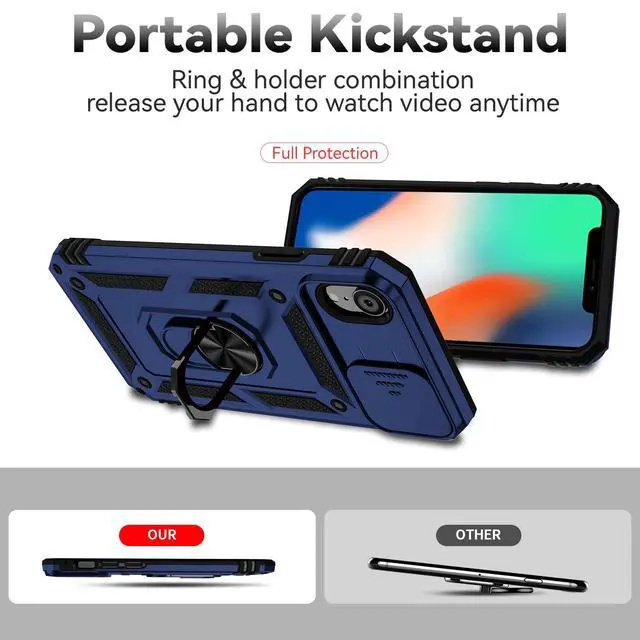 Alt view image 5 of 6 - for iPhone XR Case, Built in Slide Camera Lens Cover+Finger Ring Holder Kickstand+Screen Protector, Heavy Duty Shockproof Full Body Protective Phone Case, Blue