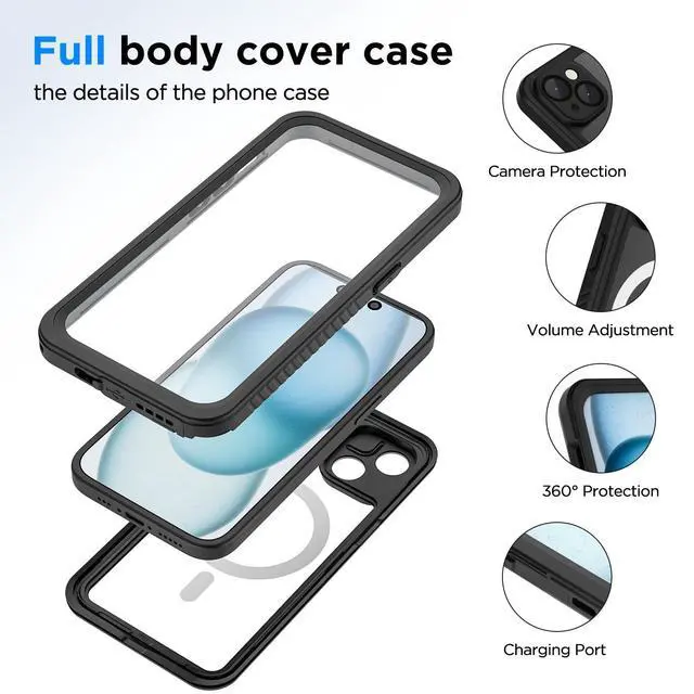 Alt view image 2 of 7 - for iPhone 15 Case, Waterproof Case with Built-in Screen Protector, Full Body Dustproof Shockproof Heavy Duty Tough Rugged Phone Protective Cover for iPhone 15 6.1inch Black