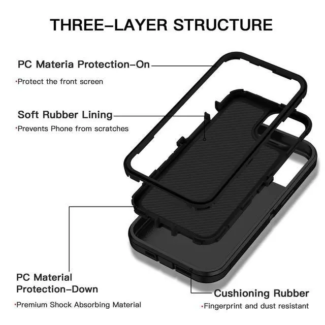 Alt view image 2 of 7 - for iPhone 13 Case/iPhone 14 Case Heavy Duty Shockproof Dropproof 3-Layer Full Body Protection Military Grade Rugged Tough Non-Slip Cover Case for Apple iPhone 13/14 6.1",Black