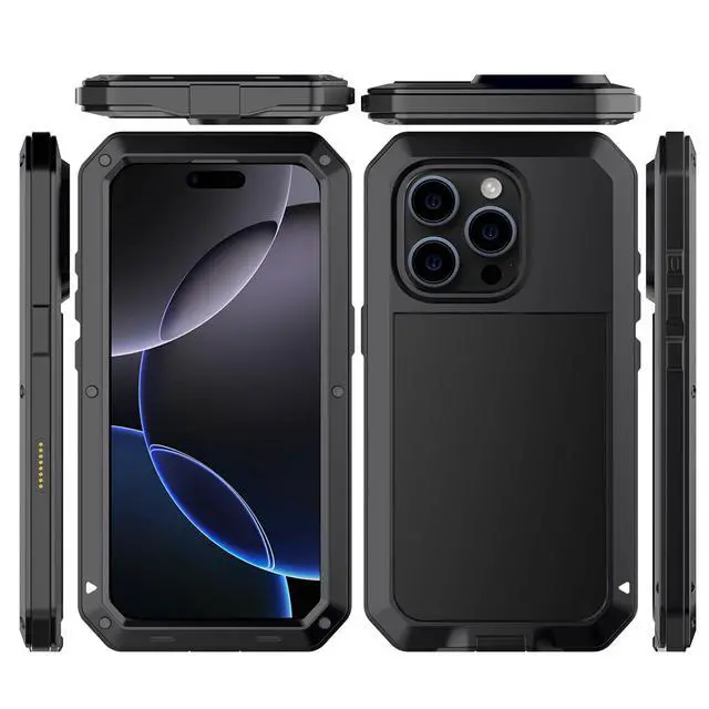 Alt view image 2 of 7 - for iPhone 16 Pro Max Metal Case 6.9",Heavy Duty Shockproof Aluminum Alloy Tough Armour Military Phone Case,360 Full Body Protective Cover with Silicone Built-in Screen Protector - Black