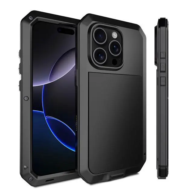 Alt view image 3 of 7 - for iPhone 16 Pro Max Metal Case 6.9",Heavy Duty Shockproof Aluminum Alloy Tough Armour Military Phone Case,360 Full Body Protective Cover with Silicone Built-in Screen Protector - Black