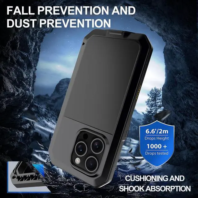 Alt view image 4 of 7 - for iPhone 16 Pro Max Metal Case 6.9",Heavy Duty Shockproof Aluminum Alloy Tough Armour Military Phone Case,360 Full Body Protective Cover with Silicone Built-in Screen Protector - Black