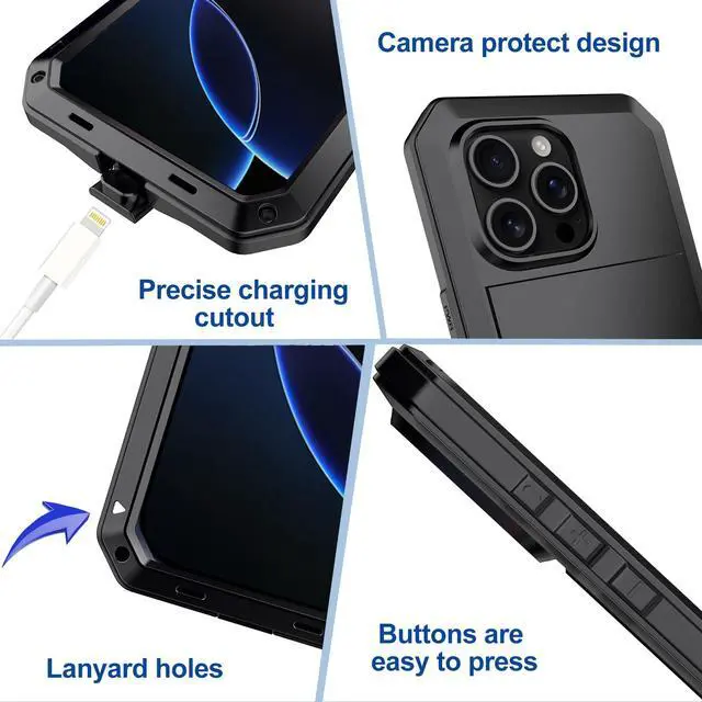 Alt view image 7 of 7 - for iPhone 16 Pro Max Metal Case 6.9",Heavy Duty Shockproof Aluminum Alloy Tough Armour Military Phone Case,360 Full Body Protective Cover with Silicone Built-in Screen Protector - Black