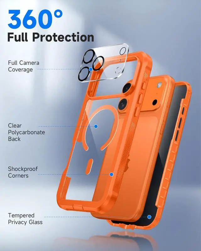 Alt view image 3 of 7 - for iPhone 17 Pro Max Case, Full Body Bumper with Built-in Tempered Glass Privacy Screen and Camera Lens Protector, Compatible with MagSafe, Shockproof 17 Pro Max Phone Case, 6.9", Orange
