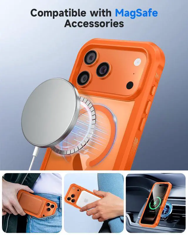 Alt view image 6 of 7 - for iPhone 17 Pro Max Case, Full Body Bumper with Built-in Tempered Glass Privacy Screen and Camera Lens Protector, Compatible with MagSafe, Shockproof 17 Pro Max Phone Case, 6.9", Orange
