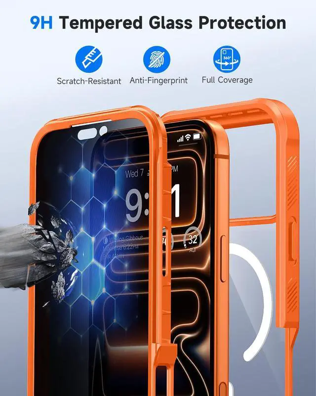 Alt view image 7 of 7 - for iPhone 17 Pro Max Case, Full Body Bumper with Built-in Tempered Glass Privacy Screen and Camera Lens Protector, Compatible with MagSafe, Shockproof 17 Pro Max Phone Case, 6.9", Orange