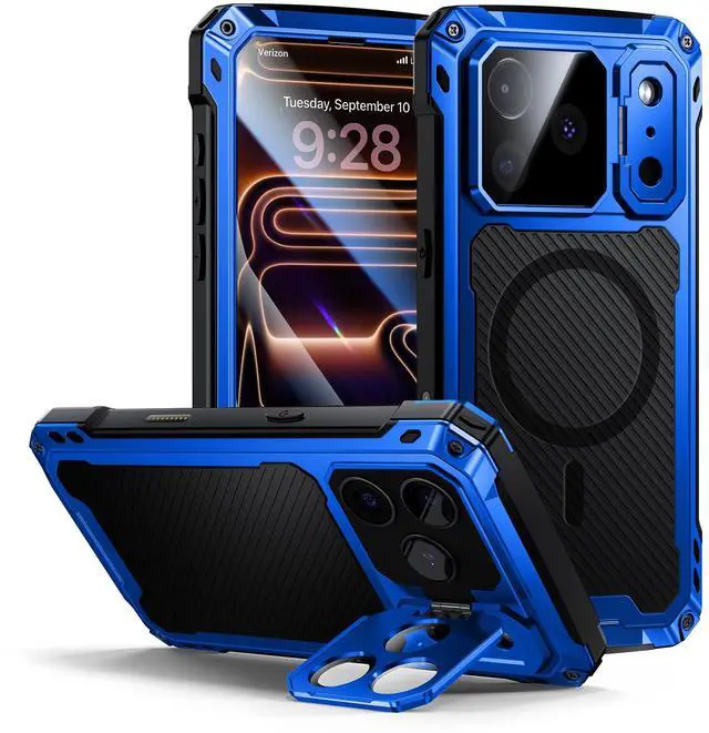 Main image of for iPhone 17 Pro Max Metal Case with Kickstand, Compatible with MagSafe, Built in Tempered Glass Screen Protector, Heavy Duty Shockproof Rugged Phone Cases, Full Body Tough Cover 6.9" (Blue)
