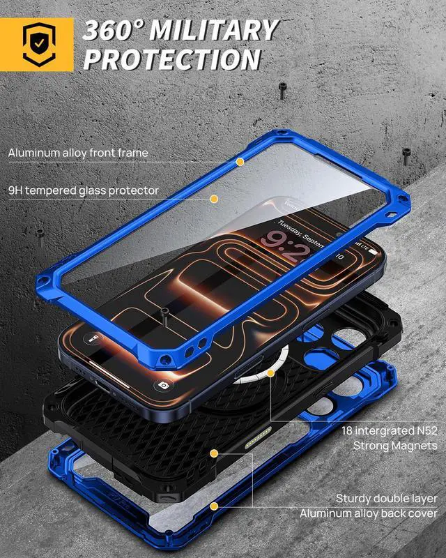 Alt view image 2 of 6 - for iPhone 17 Pro Max Metal Case with Kickstand, Compatible with MagSafe, Built in Tempered Glass Screen Protector, Heavy Duty Shockproof Rugged Phone Cases, Full Body Tough Cover 6.9" (Blue)
